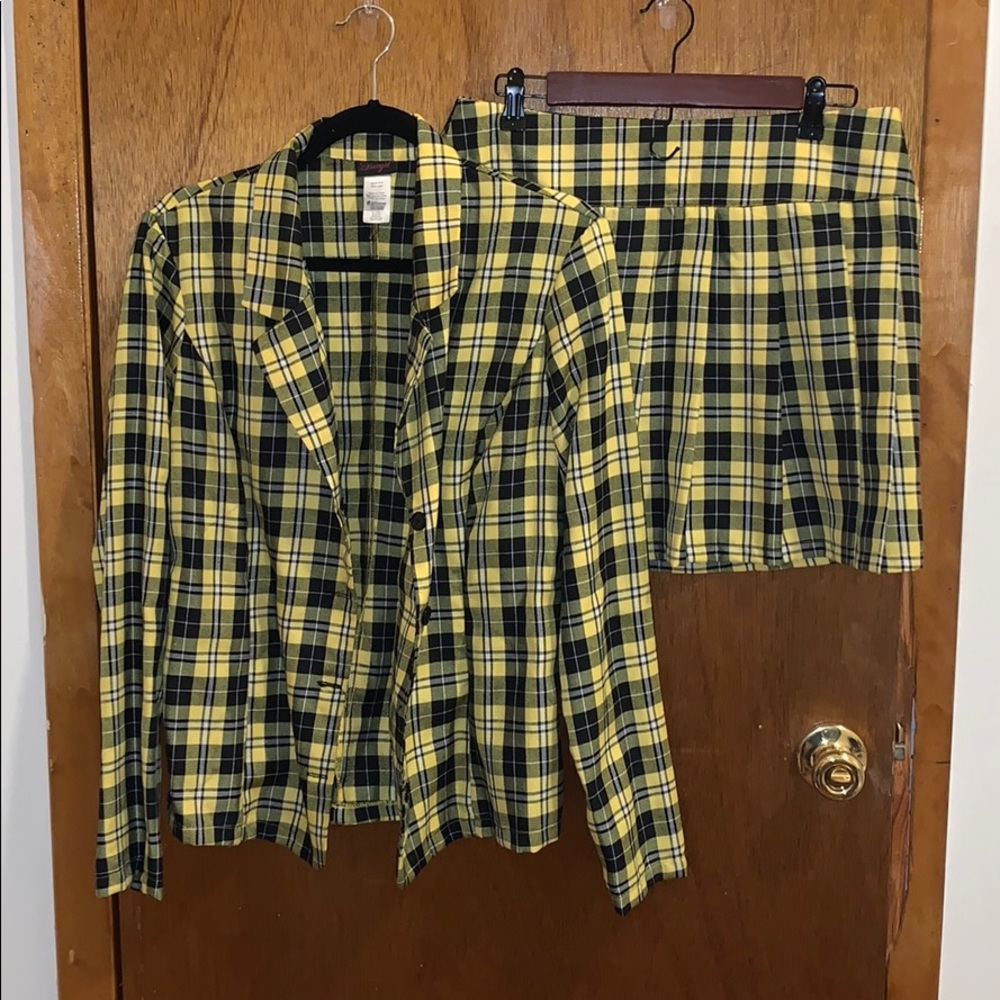 Black and yellow plaid shirt and skirt